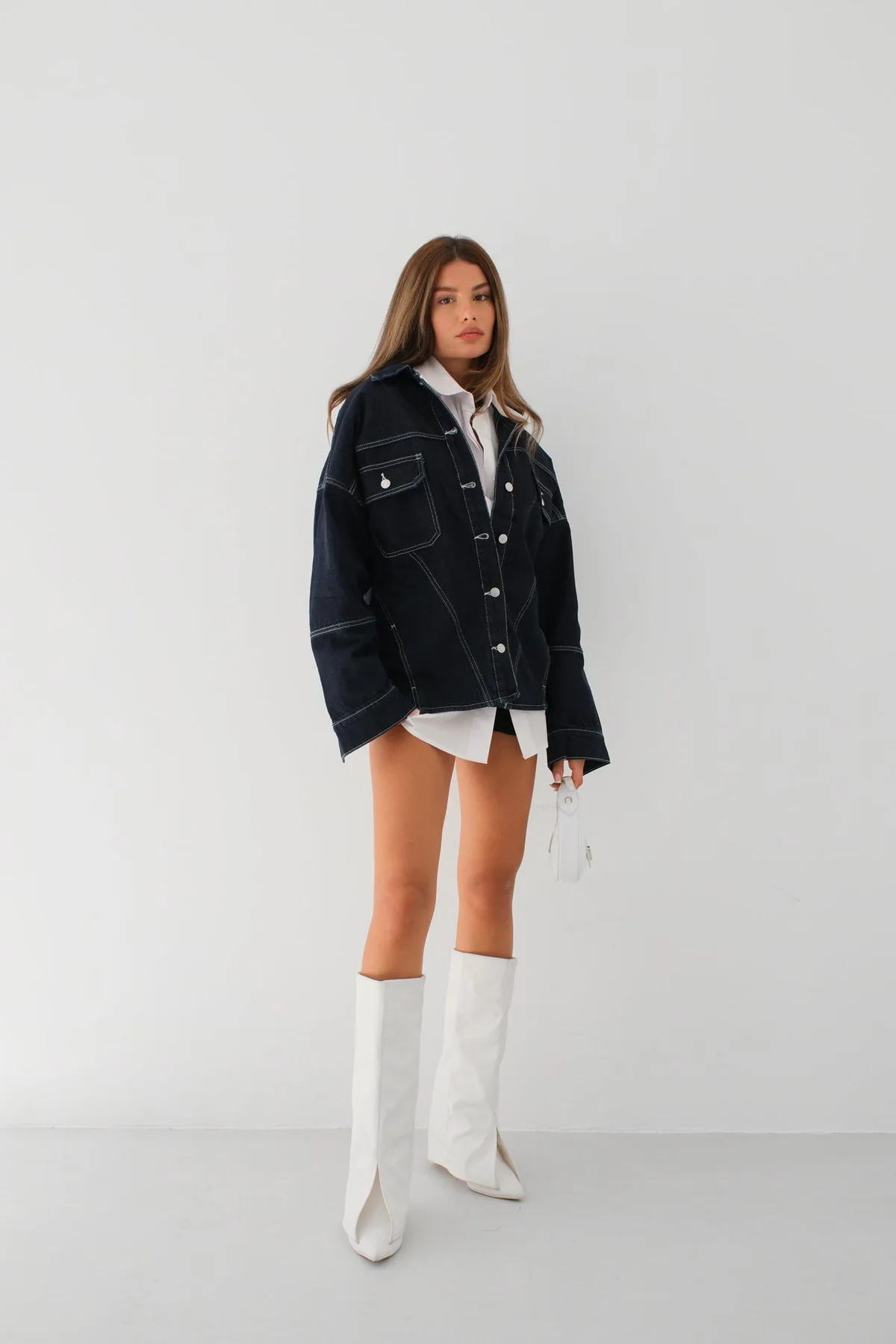 Dikiş Detay Oversize Kot Ceket